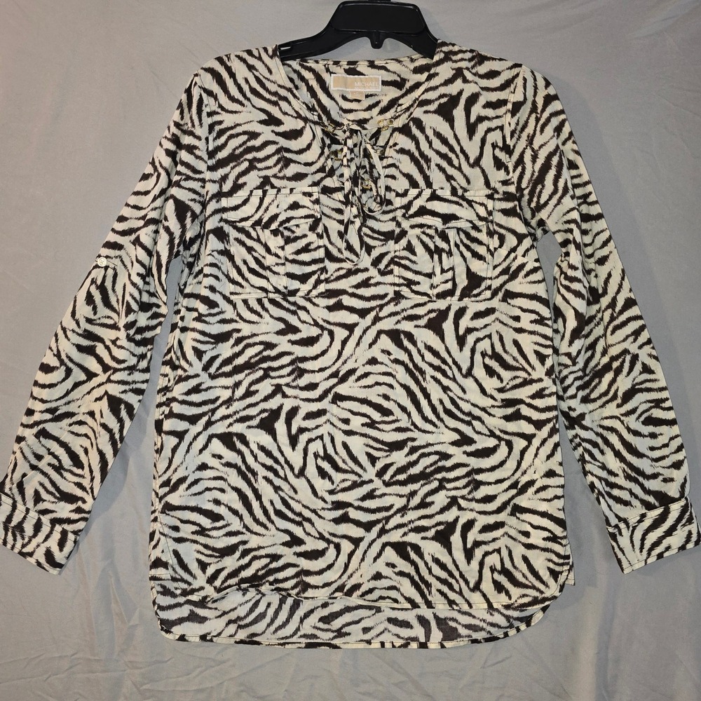 Michael Kors Zebra Print Blouse Size S Women Black White Lace Up Cotton Top